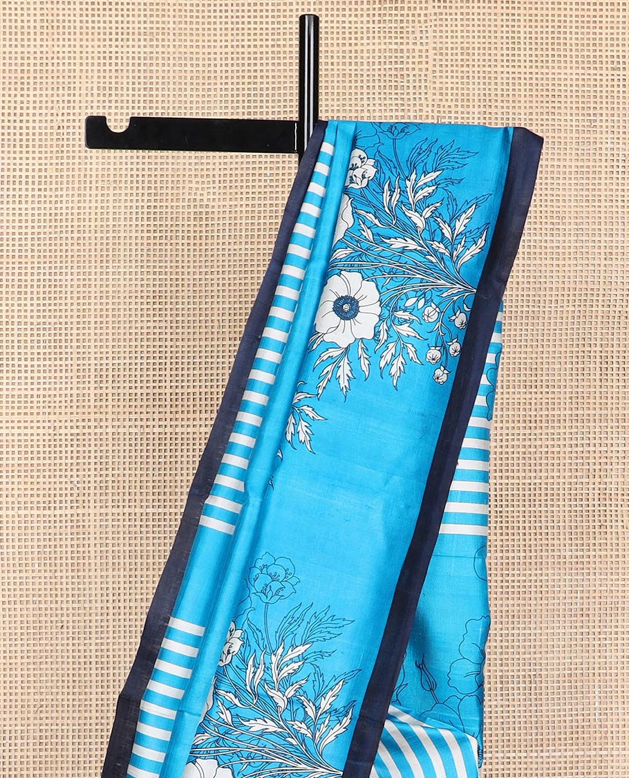 Blue floral, geometric design printed silk saree with contrast border