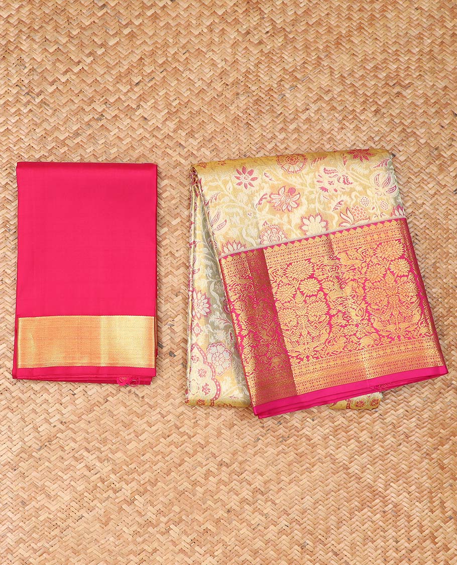 Sandal floral jacquard pure half silk saree with contrast zari border,  contrast zari design blouse & plain with zari border dhavani