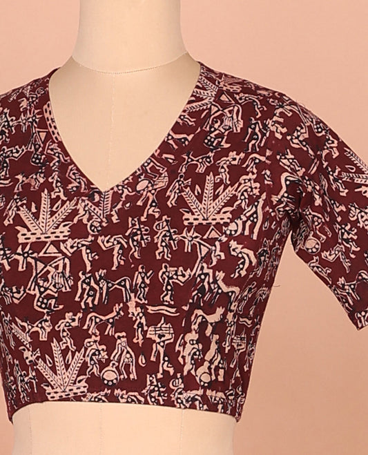 Maroon warli village theme printed front and back leaf neck elbow sleeve cotton readymade blouse