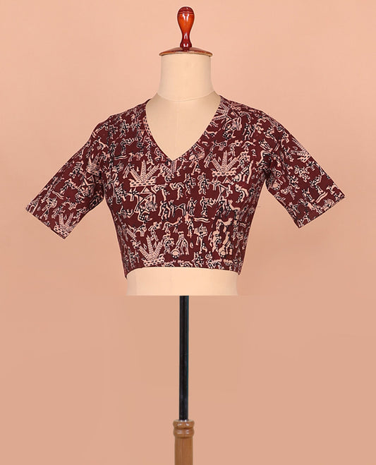 Maroon warli village theme printed front and back leaf neck elbow sleeve cotton readymade blouse