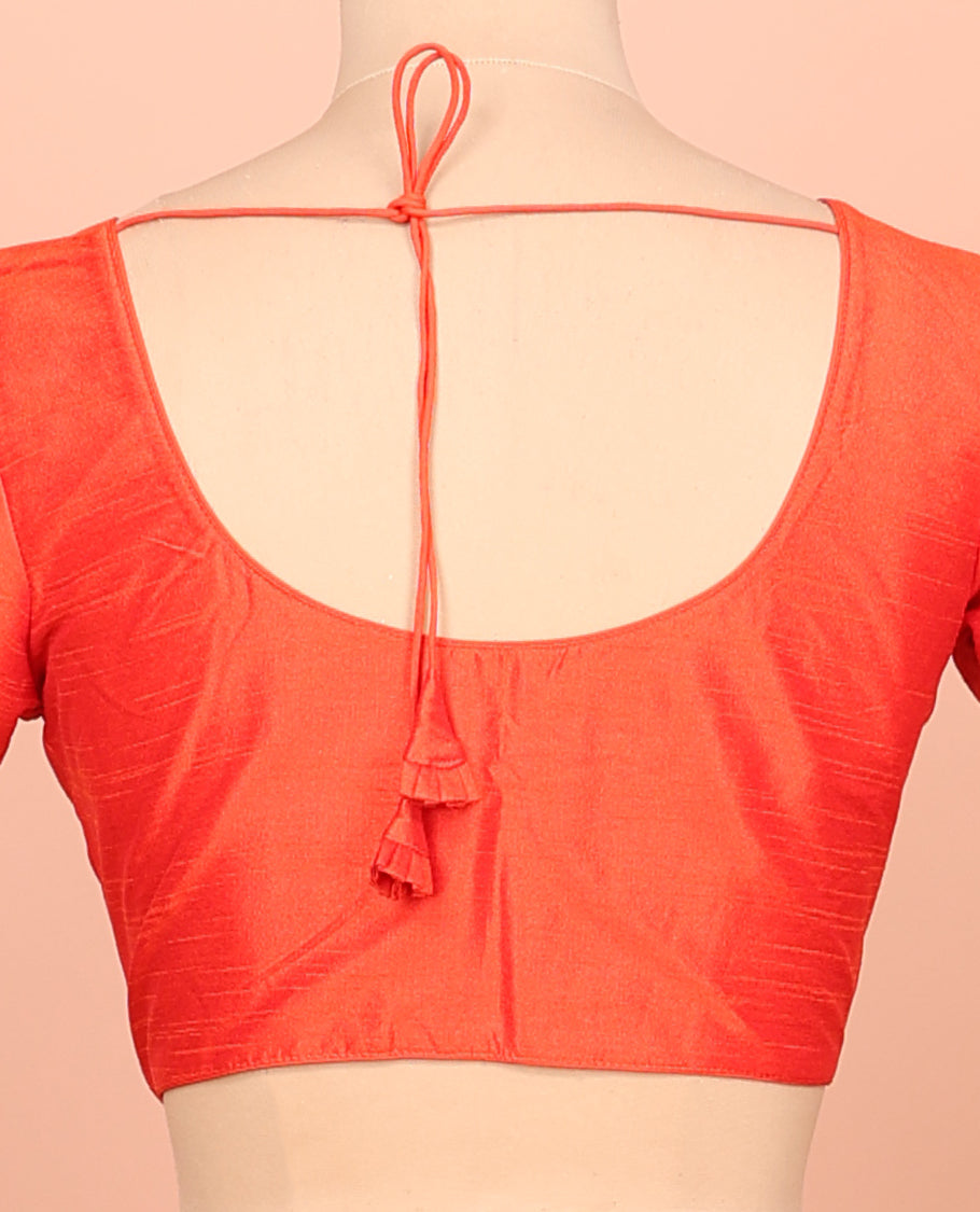 Orange Plain Readymade Blouse Featuring a Front Round-Neck, Back Round-Neck, and Elbow Sleeves