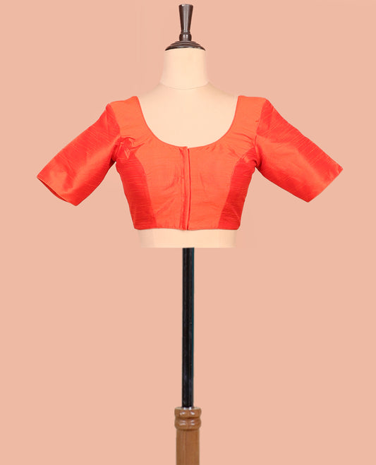 Orange Plain Readymade Blouse Featuring a Front Round-Neck, Back Round-Neck, and Elbow Sleeves