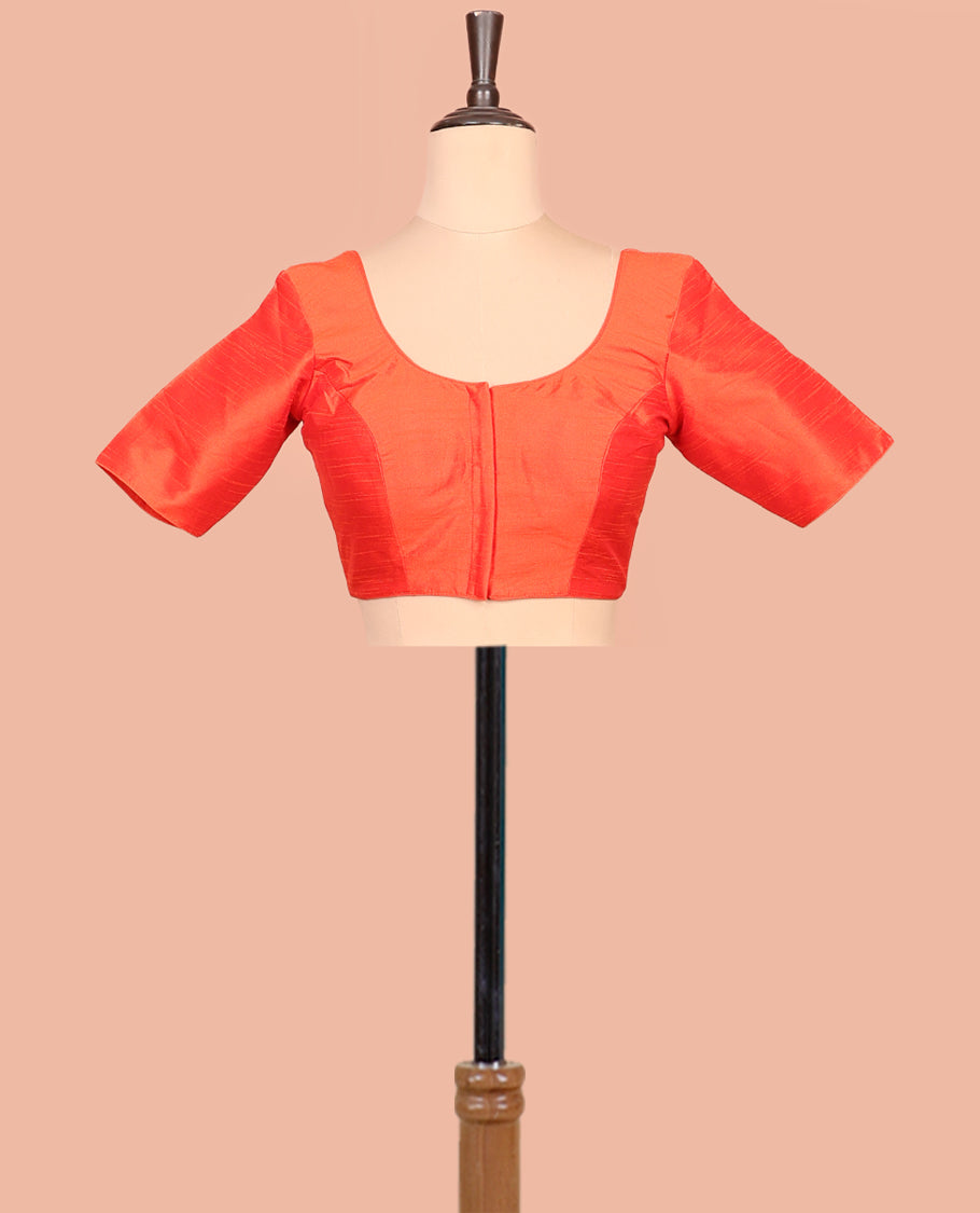 Orange Plain Readymade Blouse Featuring a Front Round-Neck, Back Round-Neck, and Elbow Sleeves