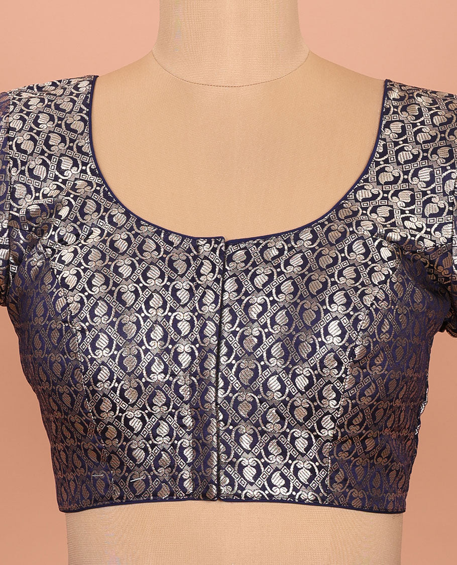 Navy blue paisleys-theme jacquard front-back round neck elbow-sleeve readymade blouse