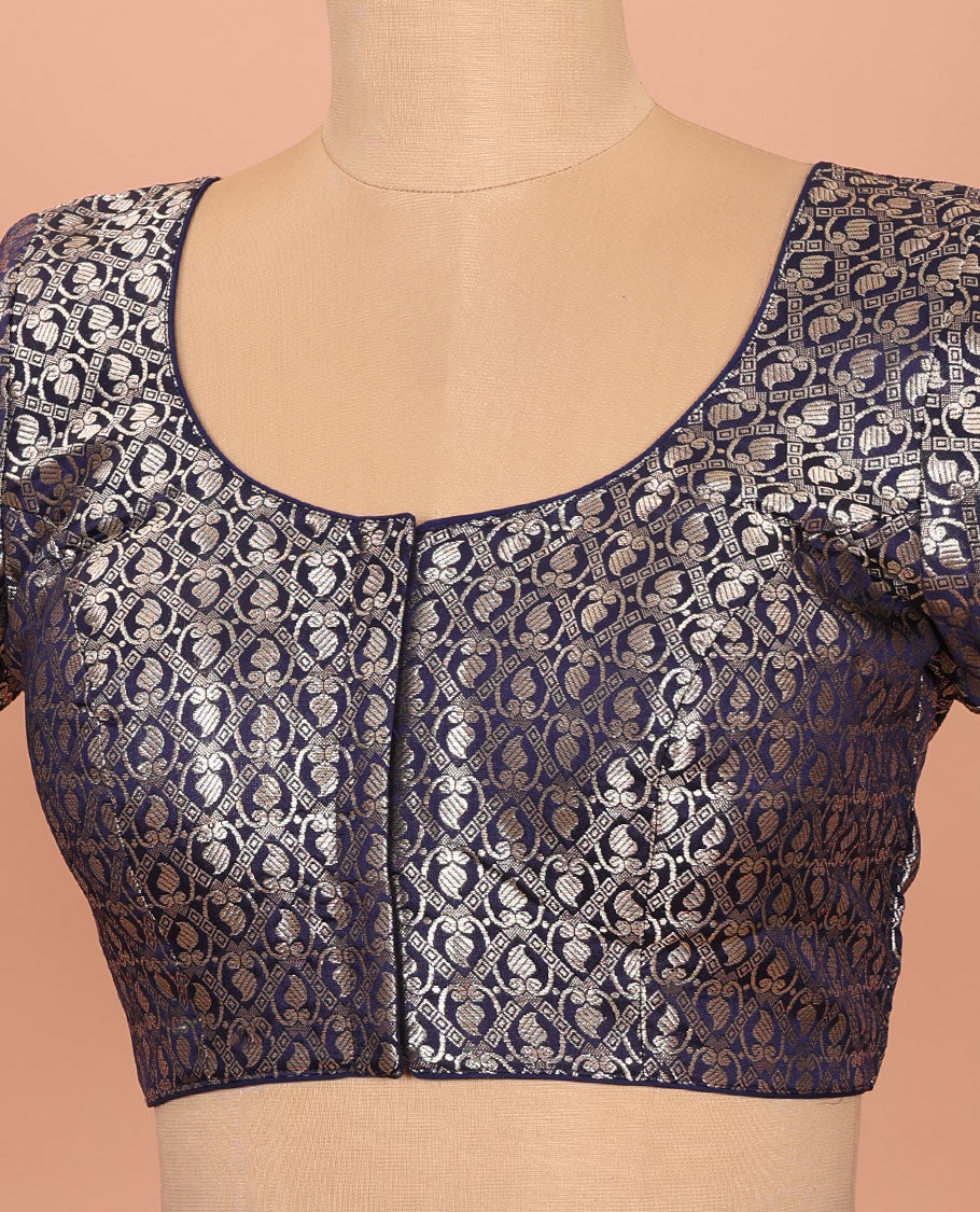Navy blue paisleys-theme jacquard front-back round neck elbow-sleeve readymade blouse
