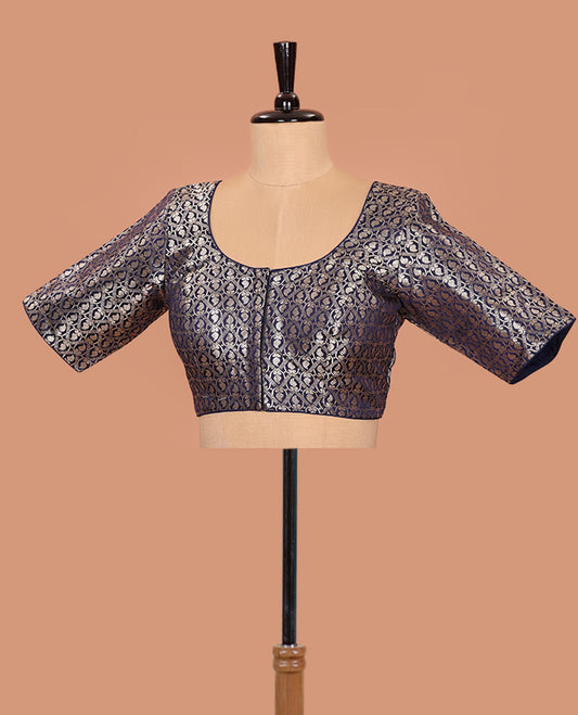 Navy blue paisleys-theme jacquard front-back round neck elbow-sleeve readymade blouse
