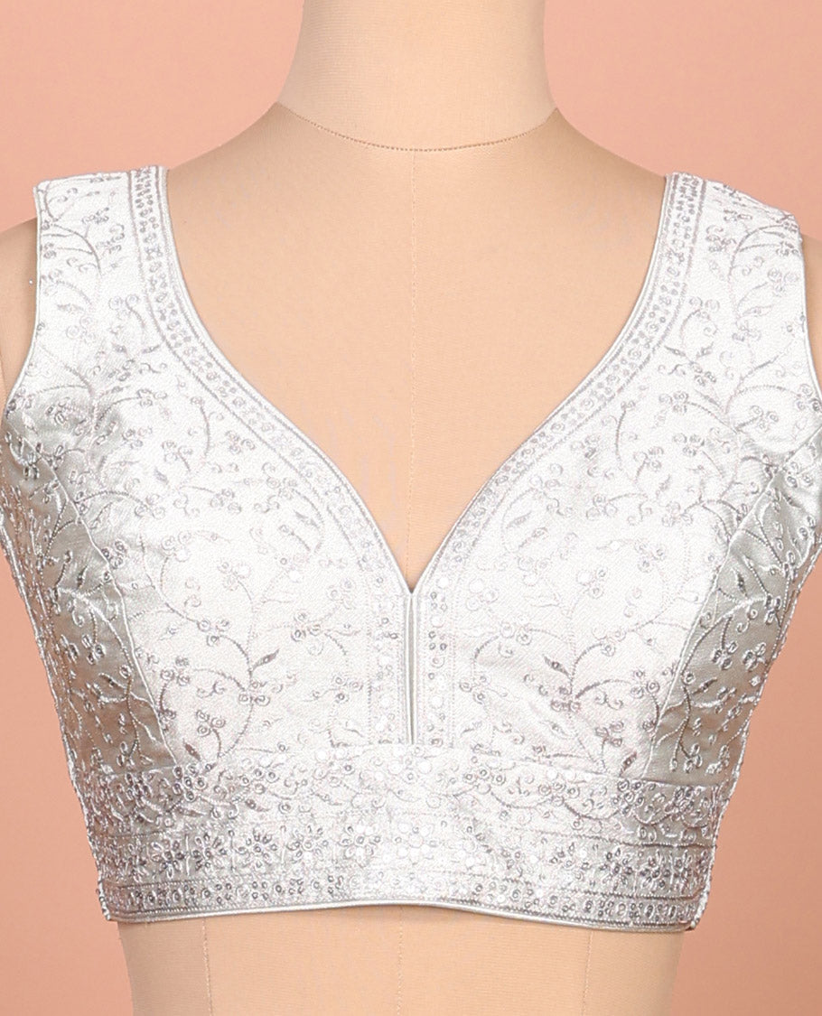 Silver floral embroidered front sweet heart-neck sleeveless readymade blouse