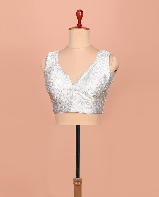 Silver floral embroidered front sweet heart-neck sleeveless readymade blouse