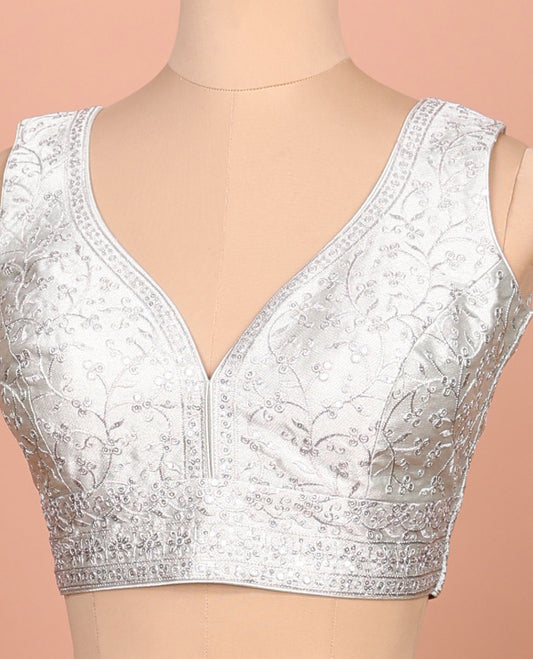 Silver floral embroidered front sweet heart-neck sleeveless readymade blouse