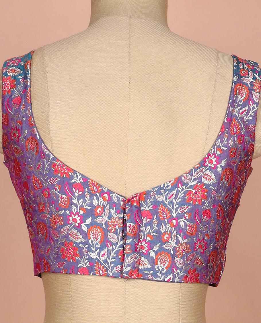 Blue meenakari floral jaal jacquard sweet-heart neck thick strapped sleeveless banarasi readymade blouse