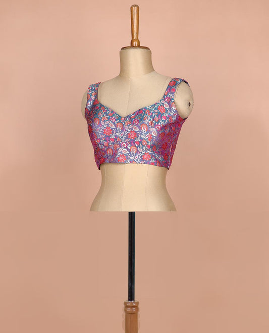 Blue meenakari floral jaal jacquard sweet-heart neck thick strapped sleeveless banarasi readymade blouse