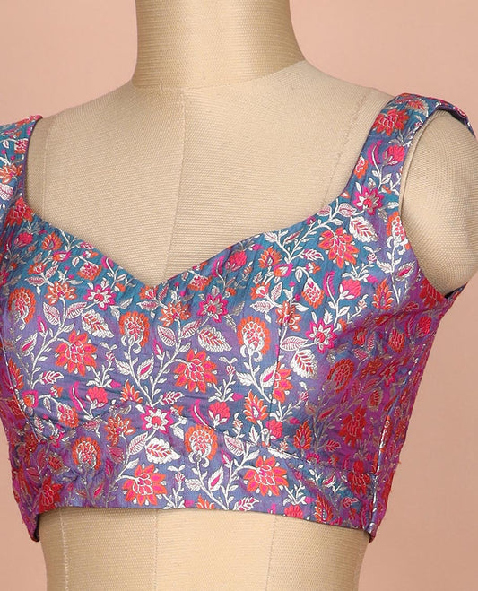 Blue meenakari floral jaal jacquard sweet-heart neck thick strapped sleeveless banarasi readymade blouse