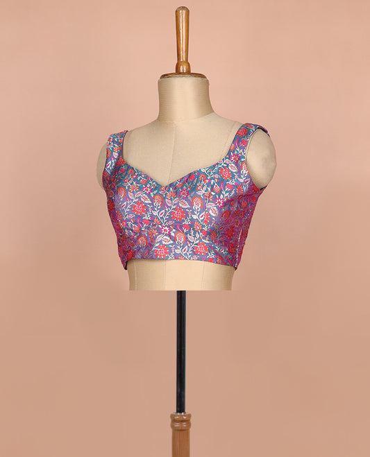 Blue meenakari floral jaal jacquard sweet-heart neck thick strapped sleeveless banarasi readymade blouse