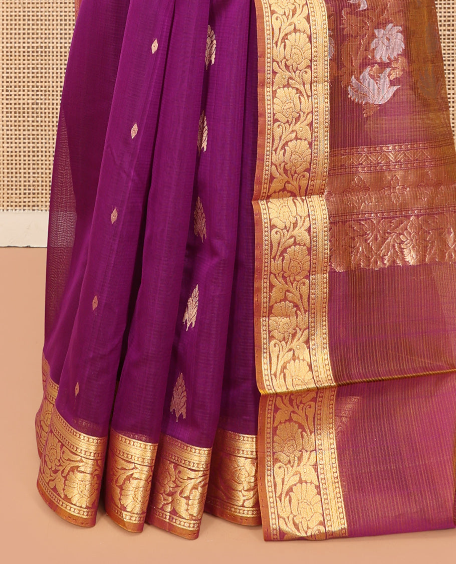 Pink Silk Cotton Saree, Delicately Woven with Zari Buttas, a Contrast Floral Creeper Border, Floral Pallu, and a Contrast Blouse
