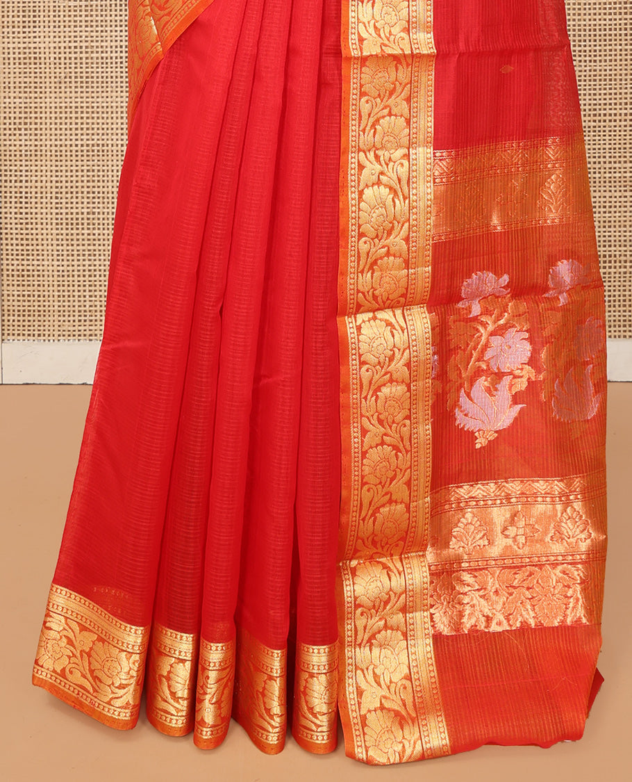 Red Silk Cotton Saree, Majestically Detailed with Zari Buttas and Stripes, a Contrast Floral Creeper Border, Floral Design Pallu, and a Matching Blouse