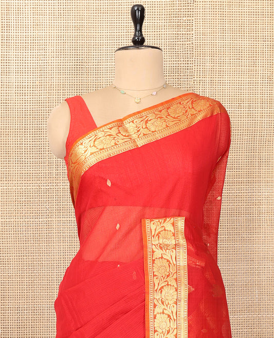 Red Silk Cotton Saree, Majestically Detailed with Zari Buttas and Stripes, a Contrast Floral Creeper Border, Floral Design Pallu, and a Matching Blouse