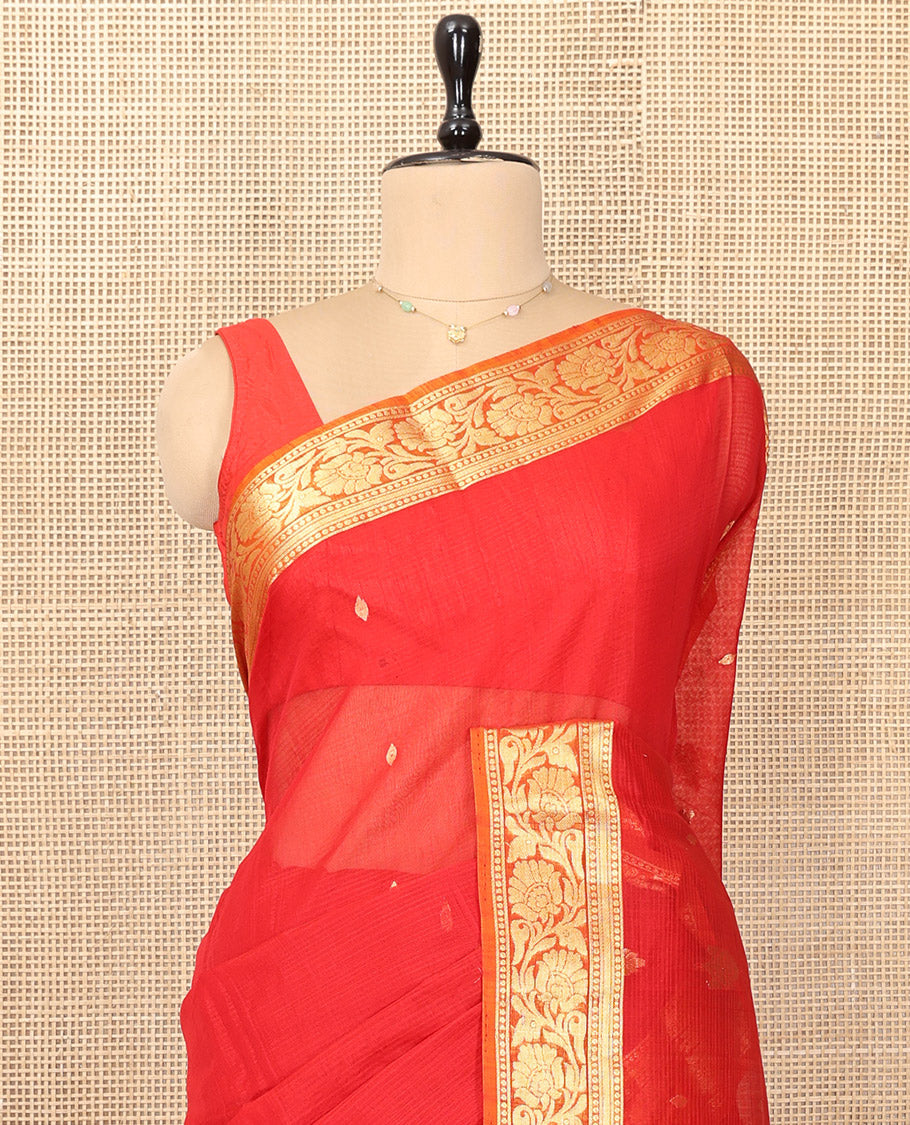 Red Silk Cotton Saree, Majestically Detailed with Zari Buttas and Stripes, a Contrast Floral Creeper Border, Floral Design Pallu, and a Matching Blouse
