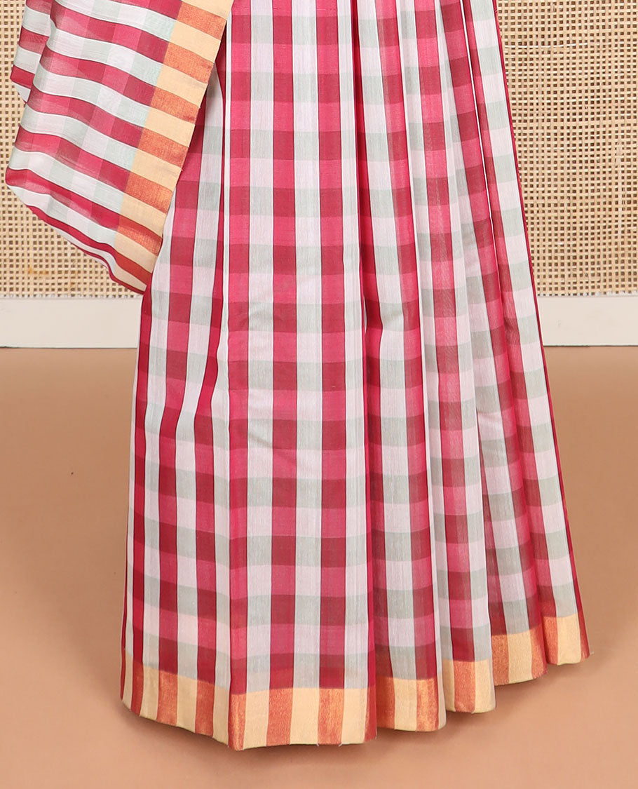 Red checked silk cotton saree with contrast striped border & floral design pallu