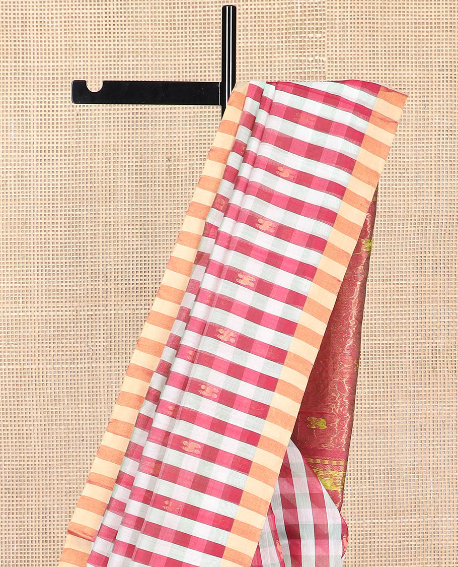 Red checked silk cotton saree with contrast striped border & floral design pallu