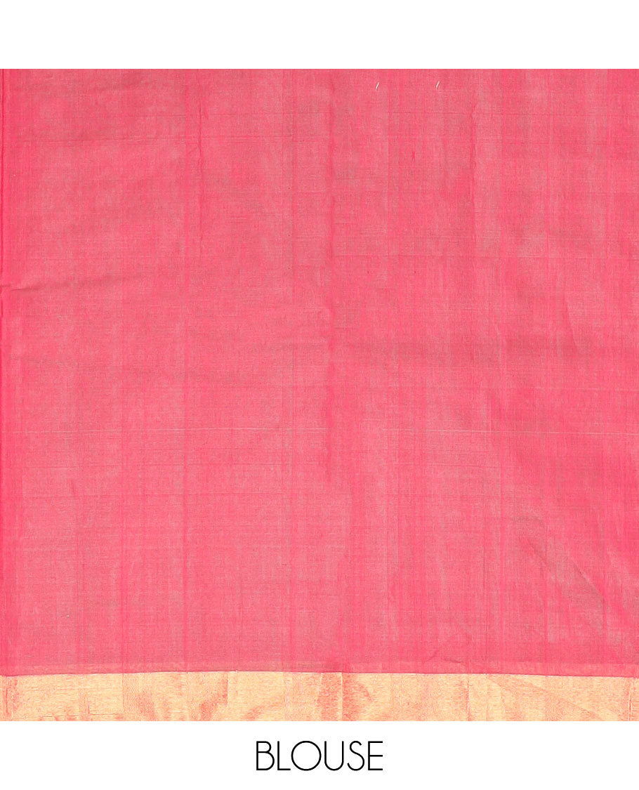 Red checked silk cotton saree with contrast striped border & floral design pallu