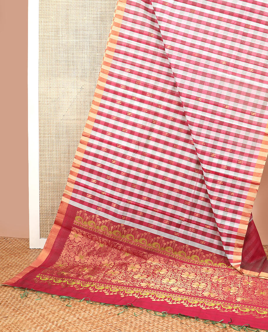 Red checked silk cotton saree with contrast striped border & floral design pallu