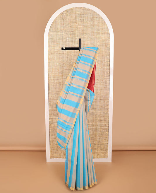 Multi-color striped silk cotton saree with contrast zari border & jaal design pallu