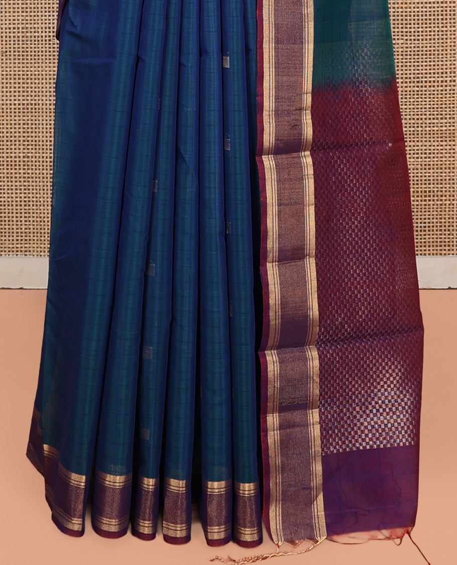 Blue Silk Cotton Saree, Decked Up with Zari Buttas, Complemented by a Contrast Zari Border, Intricate Pallu, and a Contrast Blouse