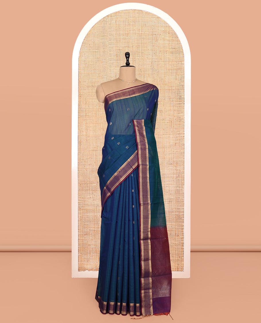Blue Silk Cotton Saree, Decked Up with Zari Buttas, Complemented by a Contrast Zari Border, Intricate Pallu, and a Contrast Blouse