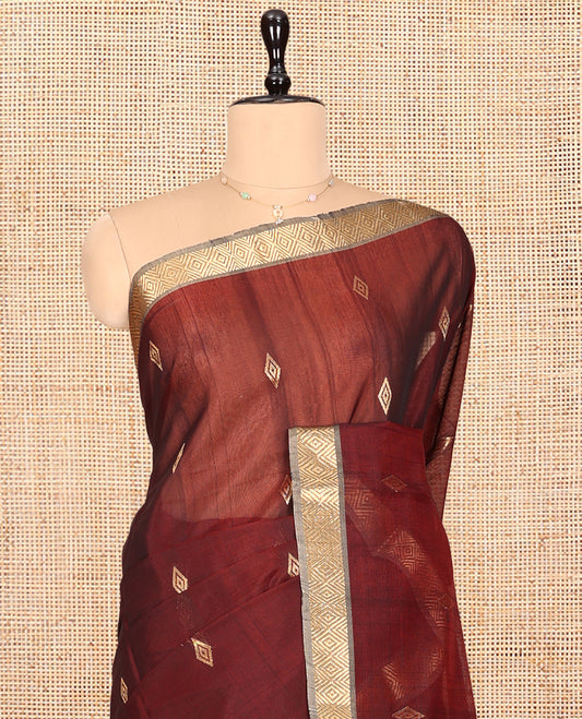 Maroon Silk Cotton Saree, Delicately Woven with Diamond Buttas, Contrast Diamond Zari Border, Pallu of Peacock-Paisley Designs, and a Contrast Blouse