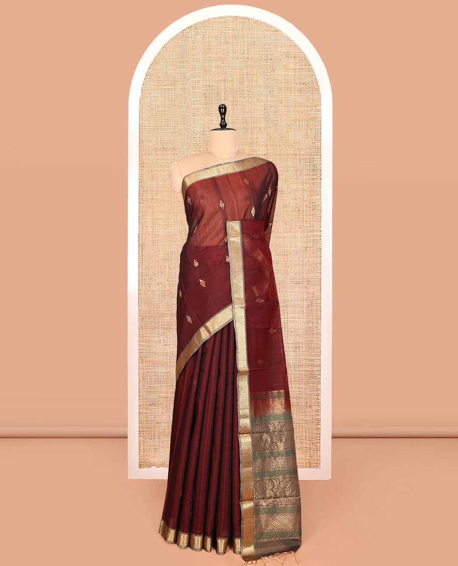 Maroon Silk Cotton Saree, Delicately Woven with Diamond Buttas, Contrast Diamond Zari Border, Pallu of Peacock-Paisley Designs, and a Contrast Blouse