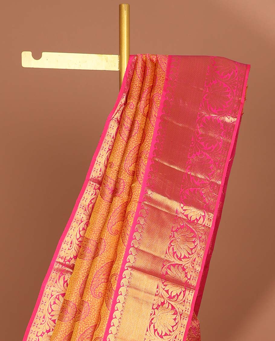 Orange paisley silk saree with contrast border of paisley,banaras,kodi visiry,paun designs & floral, checked zari design pallu