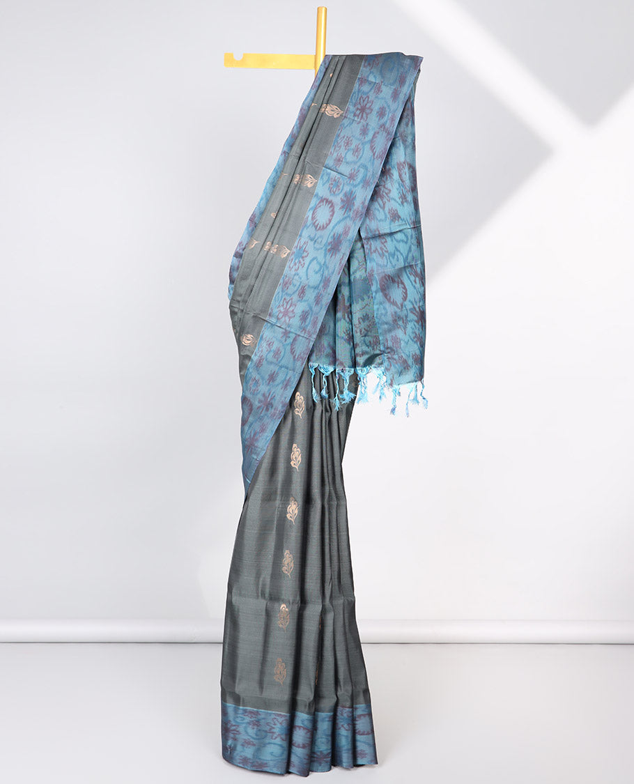Black floral motifs semi-soft silk saree with contrast border & floral vine design pallu