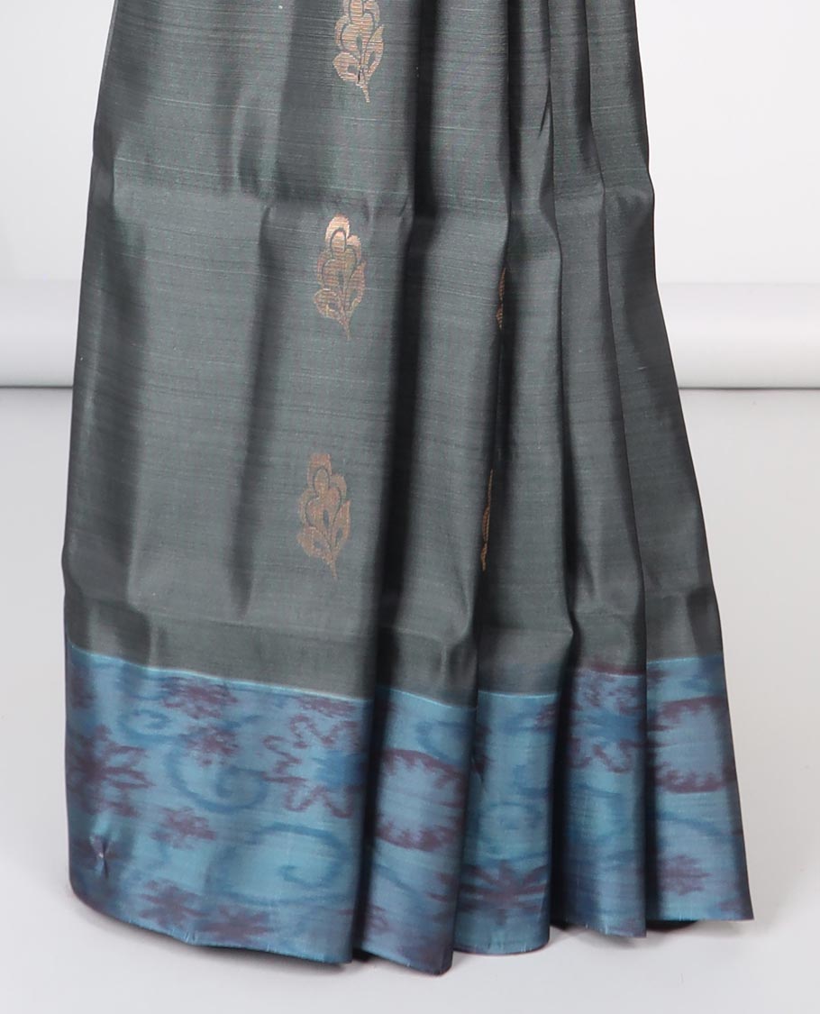 Black floral motifs semi-soft silk saree with contrast border & floral vine design pallu