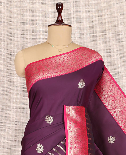 Purple Fancy Soft Silk Saree, Ornamented with Zari Buttas, Complemented by Contrast Zari Traditional Border, Grand Pallu, and a Contrast Blouse