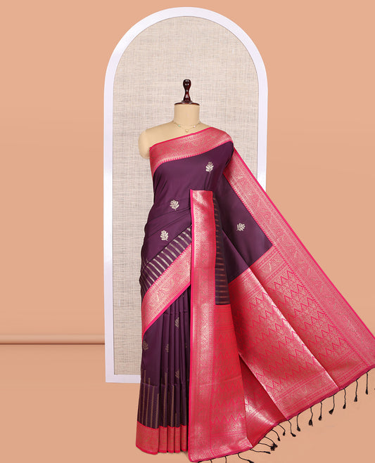 Purple Fancy Soft Silk Saree, Ornamented with Zari Buttas, Complemented by Contrast Zari Traditional Border, Grand Pallu, and a Contrast Blouse