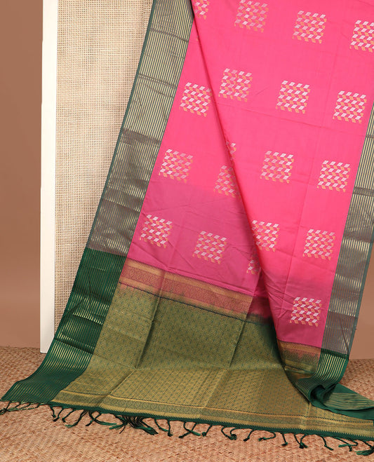 Pink zari buttas soft silk saree, contrast zari striped border, and jaal pallu