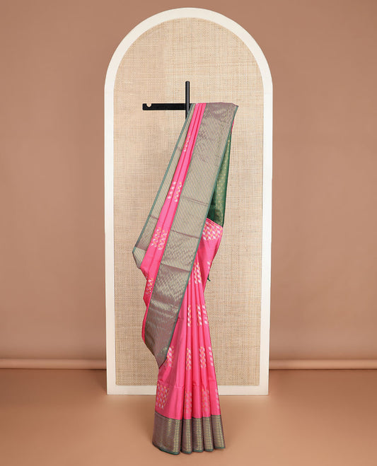 Pink zari buttas soft silk saree, contrast zari striped border, and jaal pallu
