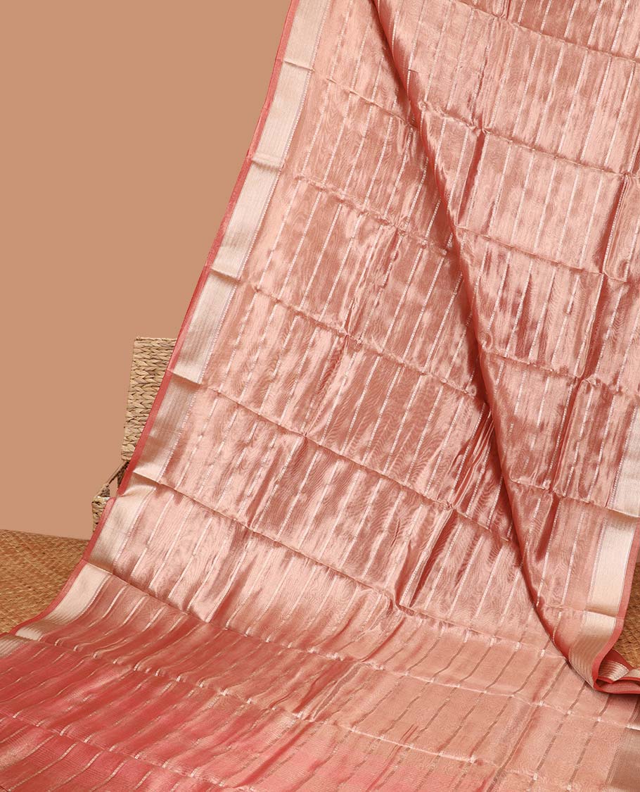 Orange striped semi-banaras tissue saree,  plain border & striped pallu 