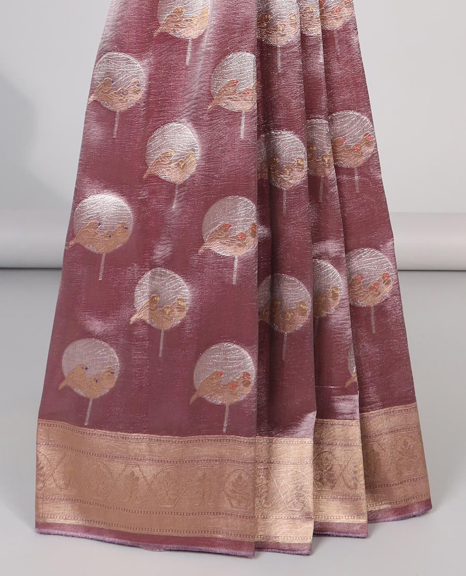 Onion pink round motifs tissue saree with self zari design border & ogee , floral design pallu