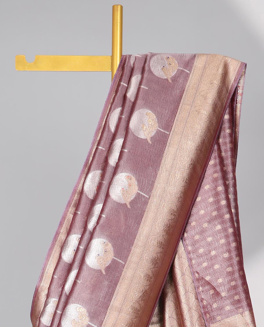 Onion pink round motifs tissue saree with self zari design border & ogee , floral design pallu