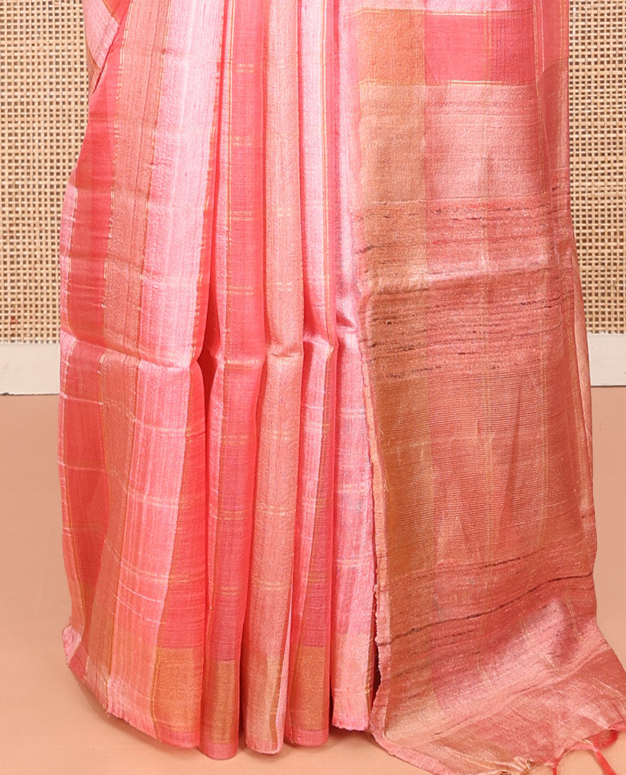 Pink Tussar Silk Saree, Prettified with Checks, a Subtle Border, a Self-Pallu, and a Matching Blouse
