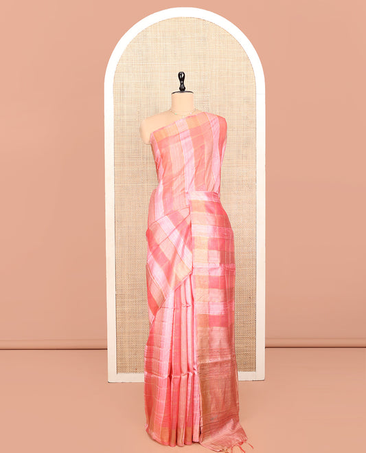 Pink Tussar Silk Saree, Prettified with Checks, a Subtle Border, a Self-Pallu, and a Matching Blouse