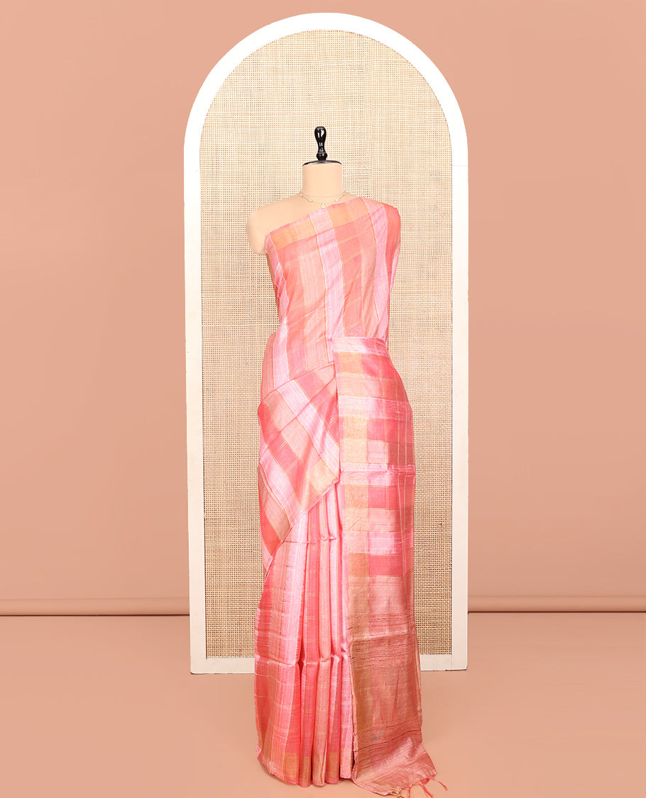 Pink Tussar Silk Saree, Prettified with Checks, a Subtle Border, a Self-Pallu, and a Matching Blouse