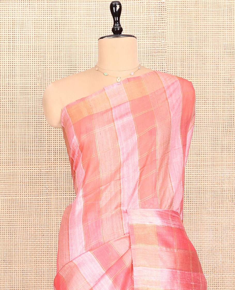 Pink Tussar Silk Saree, Prettified with Checks, a Subtle Border, a Self-Pallu, and a Matching Blouse