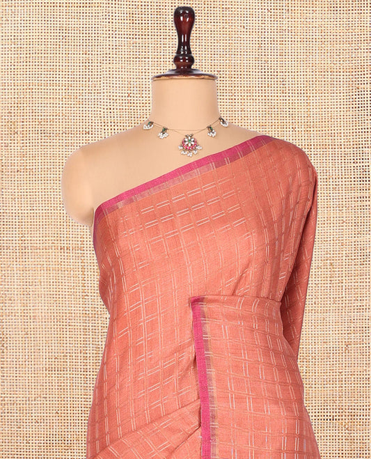 Peach Fancy Tussar Silk Saree, Embellished with Checked Design, Contrast Zari Piping Border, Pallu of Kalamkari Motifs, and Contrast Kalamkari Printed Blouse