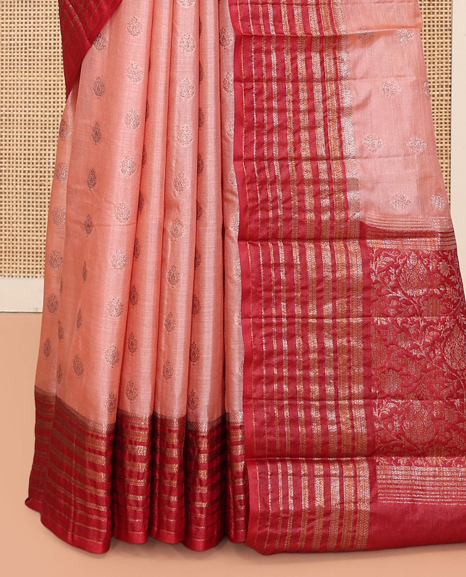 Peach Tussar Silk Saree Features Zari Buttas, Complemented by a Contrast Border, Intricately Designed Pallu, and a Contrast Blouse