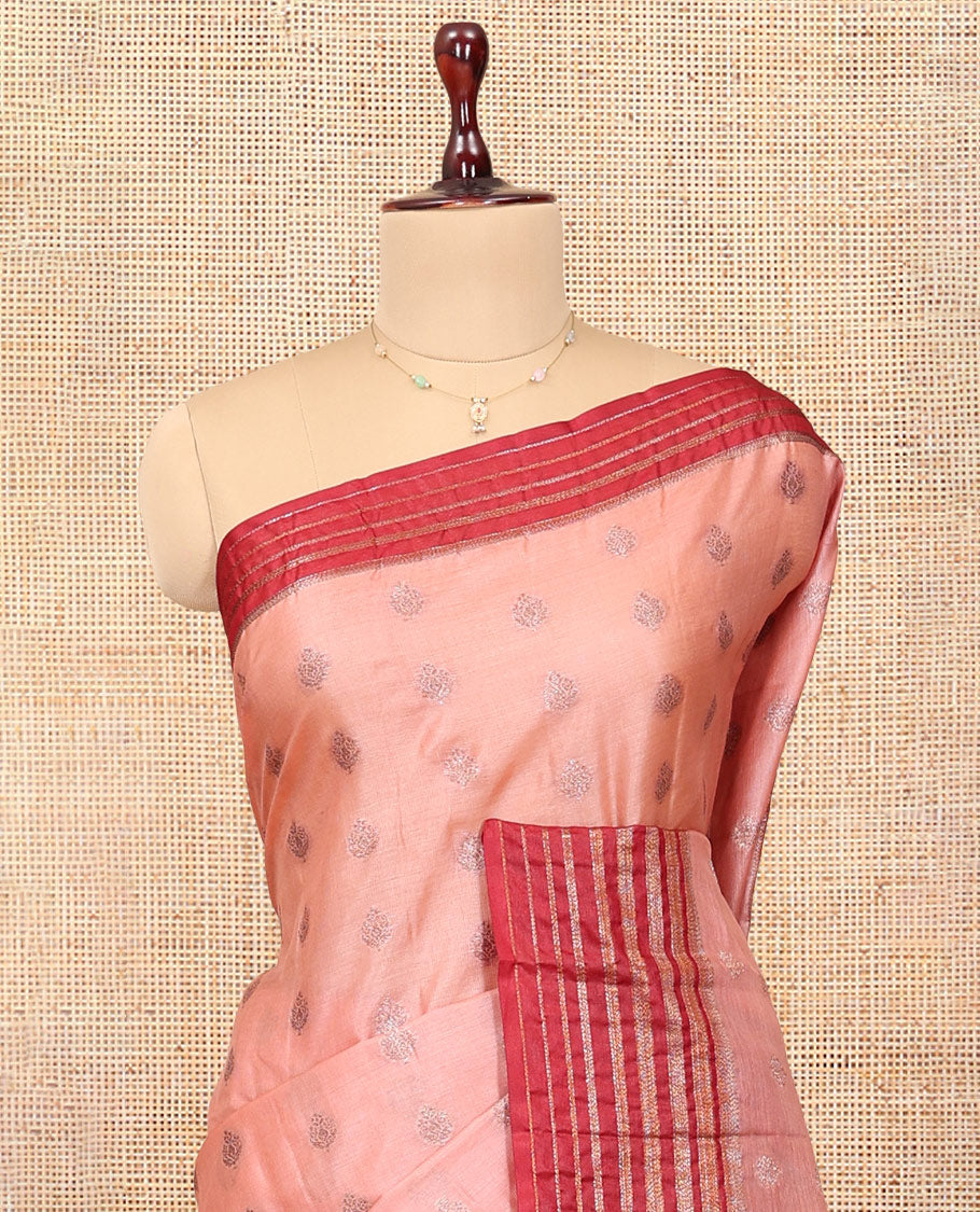 Peach Tussar Silk Saree Features Zari Buttas, Complemented by a Contrast Border, Intricately Designed Pallu, and a Contrast Blouse