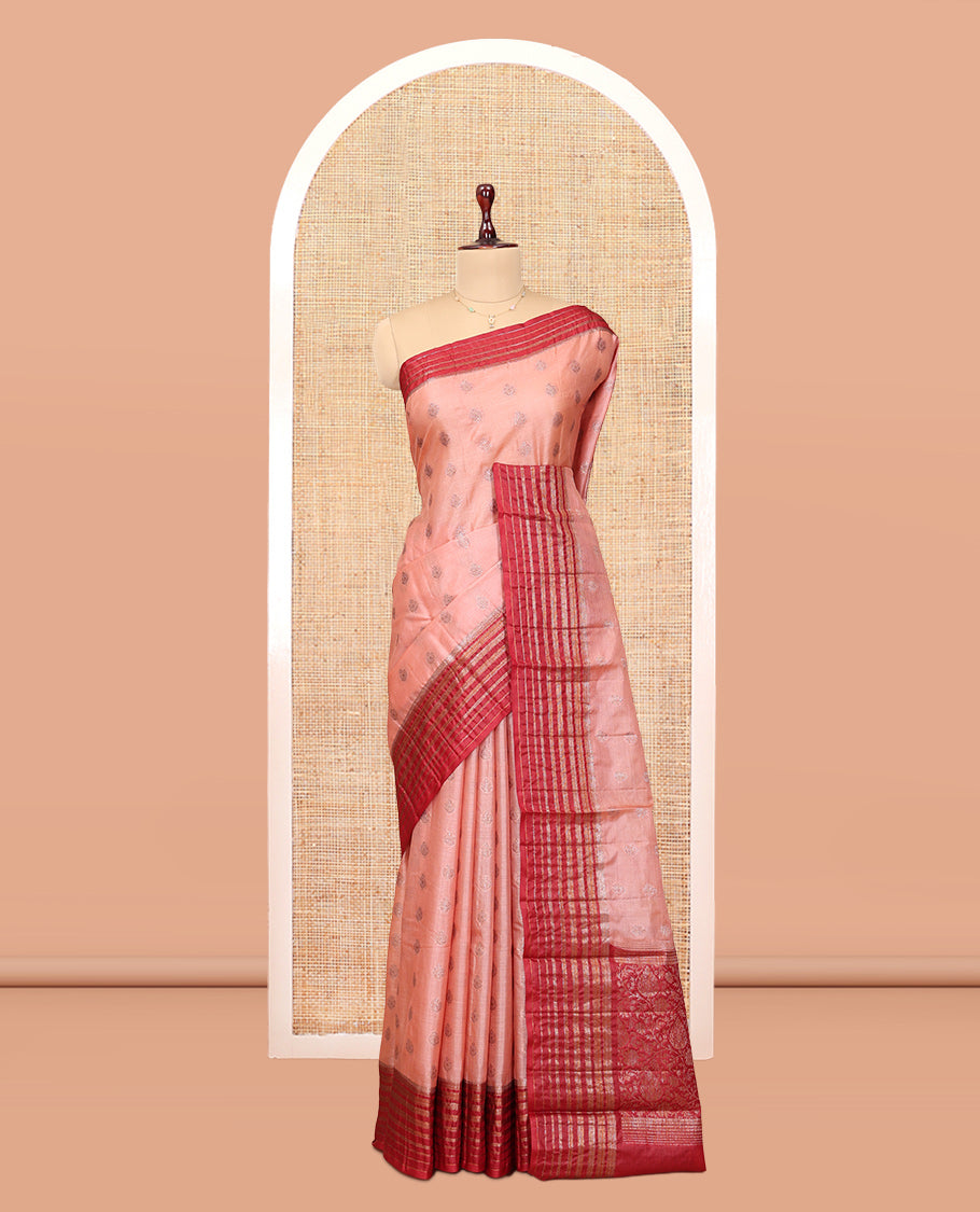 Peach Tussar Silk Saree Features Zari Buttas, Complemented by a Contrast Border, Intricately Designed Pallu, and a Contrast Blouse