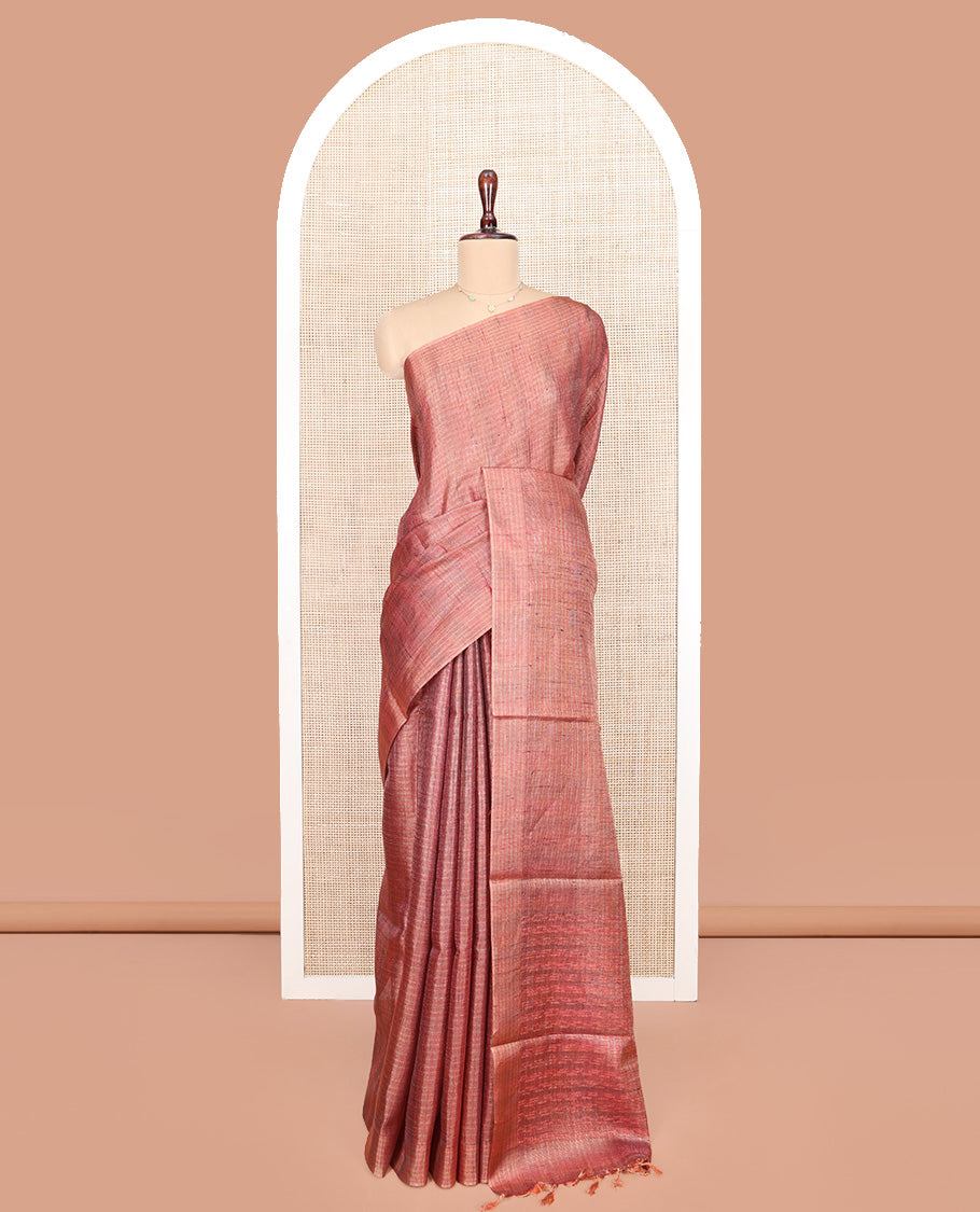 Borderless Dark Peach Tussar Silk Saree, Subtly Sparkled by Checks on Its Body, Subtle Woven Pallu of Stripes, and Paired with a Matching Blouse
