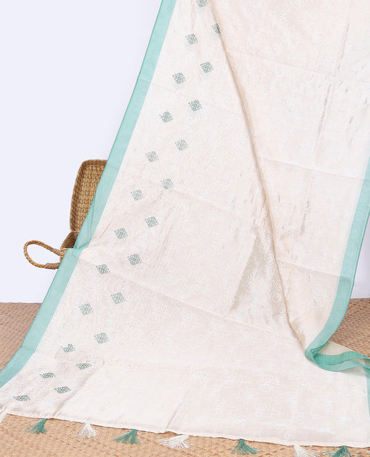 Cream floral thread embroidery semi-banaras tussar saree with contrast plain border & floral embroidered pallu